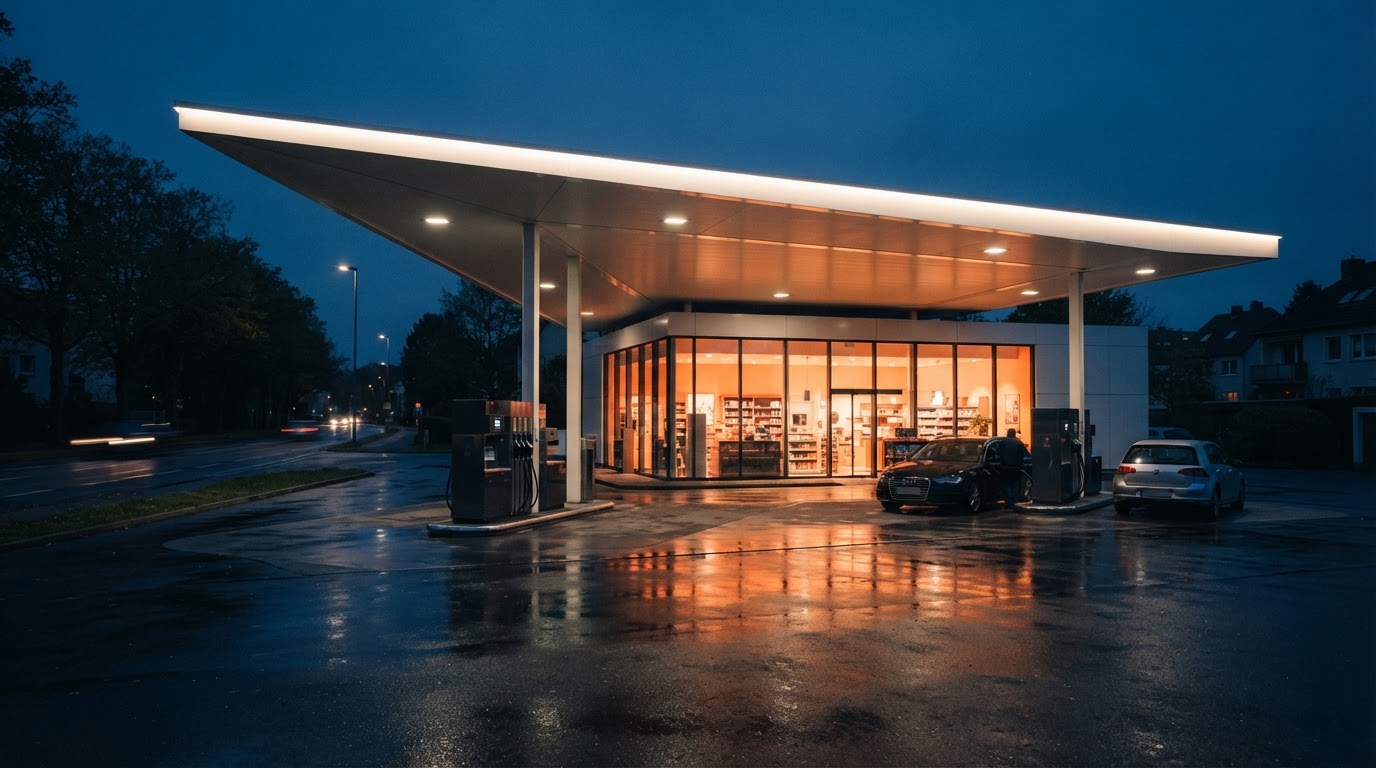 RAN-Tankstelle in der Abenddämmerung - Königsblau und warmes Innenlicht